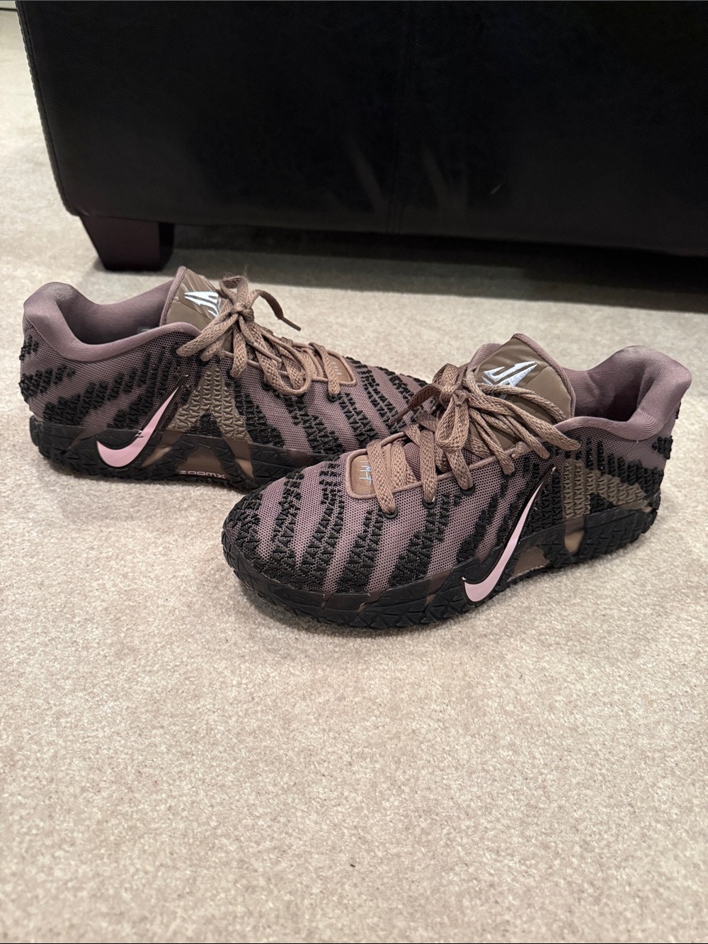 Nike Men’s Ja 3 Sneakers in Mauve Brown and Black with Pink Swoosh